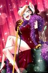  animal_ears bare_legs bea.r calico cat_ears cat_girl crossed_legs dress elbow_gloves feather_boa gloves heterochromia highres instrument looking_at_viewer microphone mino_(webtoon) music original piano red_dress singing sitting 