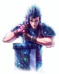  1boy absurdres armor black_hair blue_eyes brown_gloves buster_sword closed_mouth commentary english_commentary final_fantasy final_fantasy_vii final_fantasy_vii_rebirth final_fantasy_vii_remake gloves hair_slicked_back highres holding holding_sword holding_weapon huge_weapon instagram_username looking_at_viewer male_focus materia pink_ribbon ribbed_sweater ribbon scar scar_on_cheek scar_on_face short_hair shoulder_armor signature sleeveless sleeveless_turtleneck solo spiked_hair sweater sword turtleneck turtleneck_sweater tylor_hepner upper_body weapon white_background zack_fair 