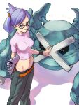  1girl 1other black_pants chuugaeri computer glasses holding holding_laptop laptop metagross navel pants petting pokemon pokemon:_destiny_deoxys pokemon_(anime) pokemon_rse_(anime) ponytail purple_eyes purple_hair rebecca_(pokemon) simple_background stomach sweatpants white_background 