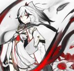  1girl arm_behind_back black_hair closed_mouth collarbone commentary_request detached_collar detached_sleeves dress eyeshadow falling_feathers feathers floating_hair flower fu_hua fu_hua_(fenghuang_of_vicissitude) gold_trim hair_between_eyes high_ponytail honkai_(series) honkai_impact_3rd long_hair long_sleeves looking_at_viewer makeup multicolored_hair official_alternate_costume ponytail red_eyes red_eyeshadow serious sho_2nini sidelocks simple_background solo strapless strapless_dress streaked_hair white_background white_dress white_flower white_hair white_sleeves wide_sleeves yellow_pupils 