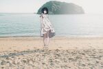  1girl beach black_eyes black_hair closed_mouth commentary_request day dot_mouth dress empty_eyes full_body highres looking_at_viewer mochu_(aoishikabane) original outdoors photo_background sand shore short_hair short_sleeves solo standing water white_dress wide_shot 