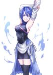  1girl aqua_(kingdom_hearts) armpits arms_up bike_shorts black_thighhighs blue_eyes blue_hair breasts commentary_request highres kagachi_118 kingdom_hearts medium_breasts medium_hair one_eye_closed simple_background solo standing thighhighs white_background 