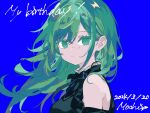  1girl artist_name bare_shoulders birthday black_bow black_bowtie black_shirt blue_background bow bowtie clothing_cutout dated english_text frilled_shirt_collar frills green_eyes green_hair hair_between_eyes highres long_hair looking_at_viewer mochu_(aoishikabane) original parted_lips shirt shoulder_cutout sidelocks simple_background solo tsurime upper_body 