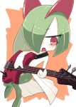  bass_guitar colored_skin green_hair hair_over_one_eye highres holding_bass horns ino_(tellu0120) instrument kirlia multicolored_skin open_mouth pink_eyes playing_bass playing_guitar pokemon pokemon_(creature) sidelocks simple_background sweat two-tone_skin white_skin 