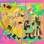  3girls :q agent_3_(splatoon) agent_4_(splatoon) agent_8_(splatoon) anklet arm_up backpack bag bike_shorts black_background black_cape black_footwear black_headphones black_shirt black_shorts black_skirt blonde_hair blue_sclera boots cape champagnetree closed_mouth colored_sclera crop_top dot_mouth dot_nose english_text green_hair hand_on_own_chin hand_on_own_hip headphones hero_shot_(splatoon_2) high-visibility_vest high_heel_boots high_heels highres holding holding_weapon inkling inkling_girl inkling_player_character jacket jewelry long_hair looking_at_another medium_hair midriff miniskirt multiple_girls navel octoling octoling_girl octoling_player_character orange_eyes pointing red_hair shirt shorts single_sleeve skirt sparkle splatoon_(series) splatoon_2 standing stroking_own_chin suction_cups tentacle_hair tongue tongue_out torn_cape torn_clothes twintails very_long_hair weapon white_eyes wristband yellow_jacket zapfish 