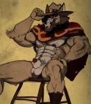  abs animal_genitalia anthro ball_tuft balls beard biceps blizzard_entertainment canid canine canis cigar clothed clothing color_edit colored edit facial_hair fur hi_res kihu male mammal mccree_(overwatch) muscular muscular_male nipples nude overwatch partially_clothed pecs penis penis_tip presenting presenting_balls presenting_crotch presenting_penis sheath sitting smile smoking solo spread_legs spreading teeth video_games wolf 