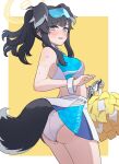  1girl animal_ears ass bangle bare_arms bare_shoulders black_hair blue_archive blue_eyes blush bracelet breasts cheerleader cowboy_shot dog_ears dog_girl dog_tail eyewear_on_head halo hibiki_(blue_archive) hibiki_(cheer_squad)_(blue_archive) highres holding jewelry long_hair looking_at_viewer midriff millennium_cheerleader_outfit_(blue_archive) official_alternate_costume open_mouth panties pom_pom_(cheerleading) simple_background skirt solo sports_bra standing sweat tail tatama underwear white_panties 