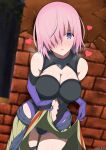  1girl bare_shoulders black_leotard blush breasts brick_wall cleavage cleavage_cutout clothes_lift clothing_cutout elbow_gloves fate/grand_order fate_(series) gloves hair_over_one_eye heart highleg highleg_leotard highres large_breasts leotard lifted_by_self looking_at_viewer mash_kyrielight navel_cutout open_mouth pink_hair purple_eyes purple_gloves short_hair skirt skirt_lift solo thigh_strap thighhighs thighs unadon 