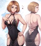  1girl artist_name ass black_dress blue_eyes breasts brown_hair chain closed_mouth collarbone commentary criss-cross_back-straps dress english_commentary evomanaphy eyelashes fire_emblem fire_emblem_heroes gold_chain halter_dress halterneck hand_on_own_hip highres hip_vent kiran_(female)_(fire_emblem) kiran_(fire_emblem) large_breasts looking_at_viewer looking_back loving_aura medium_hair modakawa_dress multiple_views smile taut_clothes taut_dress twitter_username 