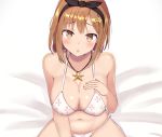  atelier atelier_ryza bed bikini blush breast_hold breasts brown_eyes brown_hair cleavage cropped headband navel necklace reisalin_stout shidaidaka short_hair swimsuit 