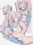  1girl ;d absurdres ahoge alternate_costume bad_source bed_sheet blue_eyes blue_hair blue_shirt blush bow bow_panties bra breasts commentary_request drop-shaped_pupils furina_(genshin_impact) genshin_impact grey_hair head_on_pillow heart heart_print highres hugging_own_legs knees_up light_blue_hair looking_at_viewer lying medium_breasts mismatched_pupils multicolored_hair multiple_views navel nude on_back one_eye_closed paid_reward_available panties pillow print_pillow shirt shirt_partially_removed short_hair sitting smile sooon stomach symbol-shaped_pupils thighhighs underwear white_bra white_thighhighs 