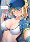  1girl ahoge artoria_pendragon_(fate) baseball_cap bikini blonde_hair blue_eyes blue_jacket blush breasts cleavage collarbone cropped_jacket fate/grand_order fate_(series) hair_between_eyes hair_through_headwear hat heart highres jacket large_breasts long_hair looking_at_viewer mysterious_heroine_xx_(fate) navel open_mouth ponytail selfie shrug_(clothing) sidelocks smile speech_bubble strap_pull swimsuit translated unadon white_bikini wristband 