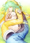  1boy animal_hug blue_pants dated fon-due_(fonfon) green_hair houshin_engi jacket long_hair looking_at_viewer lying male_focus on_grass on_side one_eye_covered pants parted_lips sheep sleeves_past_fingers sleeves_past_wrists taijou_roukun yellow_eyes yellow_hat yellow_jacket 