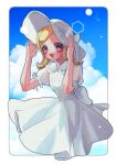  1girl :d archived_source bad_id bad_twitter_id blonde_hair blue_sky border braid cloud collared_dress cropped_legs day dress hands_on_headwear hands_up hat highres looking_at_viewer midorikaze_fuwari open_mouth outdoors pretty_series pripara puffy_short_sleeves puffy_sleeves red_eyes short_sleeves sky smile solo standing sun_hat sundress twin_braids white_border white_dress white_hat yuiitsu 