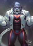  1boy animal_ears bara black_bodysuit blue_fur bodysuit bulge clenched_hands feet_out_of_frame furry furry_male highres large_pectorals long_sideburns looking_at_viewer male_focus mature_male muscular muscular_male neumo original pectorals short_hair sideburns solo standing superhero_costume thick_thighs thighs tiger_boy tiger_ears 