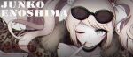  1girl alternate_costume animal_hair_ornament animal_print black_choker blonde_hair blue_eyes bow character_name choker collarbone danganronpa:_trigger_happy_havoc danganronpa_(series) danganronpa_3_(anime) enoshima_junko eyewear_on_head fur_trim hair_bow jacket kobeni leopard_print long_sleeves nail_polish official_alternate_costume one_eye_closed red_bow red_nails solo sunglasses twintails white_bow 