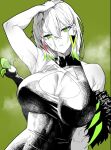  1girl armpits bare_shoulders breasts cleavage diabellstar_the_black_witch duel_monster enmo_takeshita expressionless green_eyes green_hair hand_on_own_head highres large_breasts shirt sleeveless sleeveless_shirt solo spot_color steaming_body sweat yu-gi-oh! 