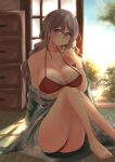  1girl absurdres alternate_costume aqua_kimono architecture bikini blush breasts brown_eyes east_asian_architecture grey_hair hair_between_eyes highres indoors japanese_clothes kantai_collection kimono large_breasts long_hair long_sleeves looking_at_viewer mizunototori obi open_door pola_(kancolle) porch red_bird sash sitting sliding_doors smile solo sunset swimsuit swimsuit_under_clothes tatami tree wavy_hair 
