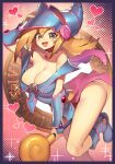  1girl bare_shoulders blonde_hair blue_footwear blush blush_stickers boots breasts choker cleavage commission dark_magician_girl duel_monster green_eyes hair_between_eyes hat highres holding holding_wand large_breasts long_hair looking_at_viewer open_mouth pentacle ro_g_(oowack) second-party_source smile solo wand wizard_hat yu-gi-oh! 