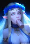  ahegao ai-generated blonde_hair breasts celestine_lucullus cleavage colored_skin elf flower green_eyes hair_flower hair_ornament highres nai_diffusion non-web_source oral original pointy_ears pujopg white_skin 