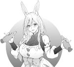  1girl animal_ears azukiko braid breasts carrot food greyscale highres holding holding_carrot holding_food holding_vegetable hololive hololive_english long_hair looking_at_viewer mature_female monochrome pekomama rabbit_ears rabbit_girl sexually_suggestive smile vegetable virtual_youtuber 