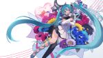  1girl absurdres aqua_flower asymmetrical_legwear balloon bare_shoulders black_footwear black_thighhighs blue_bow blue_eyes blue_flower blue_footwear blue_hair blue_ribbon blue_rose bouquet bow commentary_request detached_sleeves dress floating_hair flower foot_out_of_frame hatsune_miku heart_balloon highres hugging_object iluka_(ffv7) layered_skirt leg_ribbon light_blush long_hair looking_at_viewer pink_flower pink_rose purple_flower purple_rose red_flower ribbon rose shoes single_thighhigh skirt smile solo star_balloon thighhighs thighs twintails very_long_hair vocaloid white_background white_dress white_flower yellow_flower 