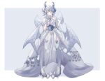 1girl bare_shoulders blush breasts cleavage demon_girl demon_horns demon_wings detached_collar dress drill_hair duel_monster earrings full_body gloves grey_background grey_eyes grey_hair horns jewelry large_breasts leotard long_dress looking_down lovely_labrynth_of_the_silver_castle multiple_wings nasubi3632 pointy_ears see-through simple_background solo thighhighs transparent_wings twin_drills white_background white_dress white_gloves white_leotard white_thighhighs wings yu-gi-oh! 