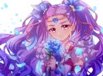  1girl backlighting blue_flower blue_ribbon blue_rose earrings elbow_gloves flower frilled_shirt frills gloves hair_pulled_back hair_ribbon half_gloves holding holding_flower jewelry lazy_orange long_hair looking_at_viewer magical_girl milky_rose mimino_kurumi petals precure purple_eyes purple_gloves purple_hair purple_shirt ribbon rose shirt sleeveless sleeveless_shirt smile solo tiara twintails white_background yes!_precure_5 yes!_precure_5_gogo! 