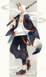  1boy absurdres black_pants floral_print fox_mask fox_tail full_body hand_in_pocket haori highres holding holding_sword holding_weapon hood hood_up hoodie japanese_clothes leg_up long_sleeves mask original pants sanshichi_fu seigaiha smoke_trail solo standing standing_on_one_leg sword tail weapon white_hoodie wide_sleeves 
