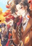  3boys :d :t ahoge autumn autumn_leaves black_gloves black_jacket black_undershirt black_vest blue_eyes blue_hair blurry blush braid braided_bangs brown_hair brown_jacket bungou_to_alchemist closed_eyes closed_mouth collared_shirt crossed_bangs dark_blue_hair day dazai_osamu_(bungou_to_alchemist) depth_of_field eating falling_leaves fingerless_gloves food frown glasses gloves grey_shirt hair_between_eyes hair_over_shoulder holding holding_food jacket leaf long_hair long_sleeves looking_at_another looking_at_viewer male_focus multiple_boys necktie oda_sakunosuke_(bungou_to_alchemist) open_collar open_mouth orange-tinted_eyewear outdoors parted_bangs red_hair red_necktie roasted_sweet_potato sakaguchi_ango_(bungou_to_alchemist) shirt short_hair single_braid smile steam sweatdrop sweet_potato teeth tinted_eyewear tree tuan_zi_(son5) twitter_username upper_body vest white_shirt 