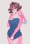 absurd_res anthro breasts clothed clothing cute_eyes dress dress_shirt female fukksitacin hi_res lagomorph leporid mammal pink_body pinup pose rabbit sexy_eyes shirt smile solo topwear yellow_eyes