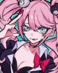  1girl :d absurdres bear_hair_ornament black_bra black_shirt bow bra breasts cleavage collarbone danganronpa:_trigger_happy_havoc danganronpa_(series) enoshima_junko green_background green_eyes hair_ornament highres large_breasts nail_polish outline pink_hair poa_poa05 red_bow red_nails shirt smile solo teeth twintails underwear upper_body white_outline 