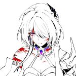  1girl acheron_(honkai:_star_rail) bandages black_choker black_gloves blood blood_on_face choker closed_mouth detached_sleeves earrings gloves hair_ornament hair_over_one_eye highres honkai:_star_rail honkai_(series) jewelry long_hair partially_colored purple_eyes sen_jin_chen single_bare_shoulder single_earring solo white_background 