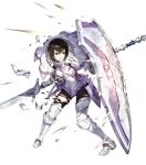  1girl armor armored_boots bangs black_hair boots broken_armor degel facial_scar fire_emblem fire_emblem:_kakusei fire_emblem_heroes full_body gauntlets highres holding holding_weapon lips official_art parted_lips polearm scar scar_on_cheek serious shield shiny shiny_hair short_hair spear torn_clothes weapon 
