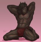  anthro bulge clothing equid equine hands_behind_head hi_res horse kneeling looking_at_viewer male mammal muscular muscular_male nipples rov simple_background solo underwear 