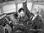  2boys aircraft airplane airplane_interior amuro_tooru arm_up greyscale hair_between_eyes headset highres kudou_shin&#039;ichi looking_at_another looking_up male_focus masso meitantei_conan monochrome multiple_boys necktie profile short_hair smile sunglasses 