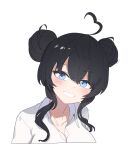  1girl ahoge aningay black_hair blue_eyes breasts collarbone collared_shirt cropped_torso double_bun dress_shirt hair_between_eyes hair_bun heart heart_ahoge highres long_hair medium_breasts original shirt simple_background smile solo upper_body white_background white_shirt 