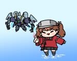  1girl :p afei_(sfma3248) brown_hair chibi closed_eyes copyright_request gradient_background highres kantai_collection long_hair magatama mecha multiple_girls ocean pleated_skirt robot ryuujou_(kancolle) skirt tongue tongue_out twintails v visor_cap 