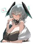  1girl aqua_eyes arknights bare_shoulders black_dress black_wings breasts cleavage commentary_request dress grey_hair hair_between_eyes head_wings heart highres ho&#039;olheyak_(arknights) ho&#039;olheyak_(carriage_of_the_winds_of_time)_(arknights) horn/wood large_breasts looking_at_viewer official_alternate_costume shawl simple_background slit_pupils smirk solo spoken_heart upper_body white_background white_shawl wings 