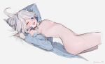 1girl ;d ahoge alternate_costume armpits bad_source bed_sheet blue_eyes blue_hair blue_shirt bra breasts commentary completely_nude drop-shaped_pupils furina_(genshin_impact) genshin_impact grey_hair highres knees_up light_blue_hair lying medium_breasts navel nude on_back one_eye_closed open_mouth paid_reward_available shirt smile sooon symbol-shaped_pupils underwear 