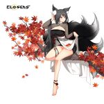  1girl adjusting_hair alternate_hair_color animal_ear_fluff animal_ears autumn_leaves barefoot black_dress black_hair black_sleeves black_tail branch breasts bright_pupils cleavage cleavage_cutout closed_mouth closers clothing_cutout dress falling_leaves fingernails fox_ears fox_girl fox_tail full_body hand_up highres kitsune kyuubi large_breasts layered_dress leaf long_fingernails long_hair long_sleeves looking_to_the_side low_ponytail maple_leaf mirae_(closers) multiple_tails official_art on_branch pinky_out red_eyes see-through see-through_sleeves short_dress sitting sitting_on_branch skirt_hold solo tail two-tone_dress white_background white_dress white_pupils 