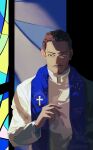  1boy black_hair ddamma_7 facial_hair golden_kamuy heterochromia highres indoors mustache priest robe rosary short_hair solo stained_glass standing stole tsurumi_tokushirou upper_body white_robe 