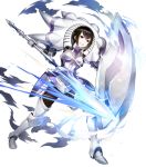  1girl armored_boots bangs black_eyes black_hair boots degel dual_wielding fire_emblem fire_emblem:_kakusei fire_emblem_heroes full_body gauntlets highres holding holding_weapon official_art parted_lips polearm shield shiny shiny_hair short_hair solo spear teeth transparent_background weapon 