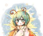 1girl antennae black_cape cape everyone fireflies green_eyes green_hair mokumoku22 open_mouth own_hands_together plaid plaid_vest short_hair smile solo star-shaped_pupils star_(symbol) symbol-shaped_pupils touhou two-sided_cape two-sided_fabric upper_body vest wriggle_nightbug 