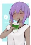  1girl :d ^_^ blue_background closed_eyes cup dark_skin disposable_cup drinking_straw eighth_note facing_viewer fate/prototype fate/prototype:_fragments_of_blue_and_silver fate_(series) hassan_of_serenity_(fate) holding holding_cup i.u.y musical_note open_mouth purple_hair shirt sleeveless sleeveless_shirt smile solo spoken_musical_note star translation_request two-tone_background upper_body v white_background white_shirt 