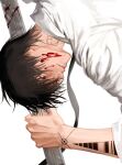  1boy arm_tattoo black_eyes black_hair black_necktie blood blood_on_cheek blood_on_face collared_shirt from_side hand_up highres holding holding_weapon light_smile looking_ahead male_focus nagumo_(sakamoto_days) ndsoda neck_tattoo necktie parted_lips portrait sakamoto_days shirt short_hair simple_background sleeves_rolled_up solo tattoo teeth upper_teeth_only weapon white_background white_shirt wrist_tattoo 