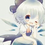  1girl blue_bow blue_dress blue_eyes blue_hair bow chibi cirno detached_wings dress fairy fairy_wings frozen hair_bow hand_on_own_face highres ice ice_wings mike_(mikeneko) one_eye_closed open_mouth smile teeth touhou upper_teeth_only wings 