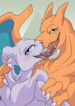 absurd_res anthro ashley-arctic-fox biped blue_eyes charizard charizard_seven countershading eye_scar facial_scar feral fire generation_1_pokemon green_eyes grey_body hi_res iorite_(doesnotexist) kissing legendary_pokemon male membrane_(anatomy) membranous_wings mewtwo nintendo pokemon pokemon_(species) portrait purple_body scalie scar tongue_on_tongue wings