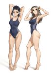 2girls absurdres armpits arms_behind_head arms_up bare_arms bare_legs bare_shoulders barefoot black_hair blue_one-piece_swimsuit breasts brown_eyes brown_hair cleavage competition_swimsuit covered_navel feet full_body green_eyes highleg highleg_swimsuit highres large_breasts long_hair looking_at_viewer looking_up multiple_girls one-piece_swimsuit original parted_lips shadow simple_background standing swimsuit tbocart tiptoes toes white_background 