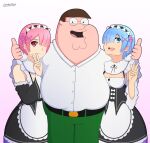  1boy 2girls absurdres apron belt black_belt black_dress blue_eyes blue_hair breasts brown_hair cleavage cleft_chin double_thumbs_up dress family_guy fat fat_man glasses green_pants hair_ornament hair_over_one_eye highres lackatask maid maid_apron maid_headdress multiple_girls open_mouth pants peter_griffin photo-referenced pink_eyes pink_hair pink_ribbon ram_(re:zero) re:zero_kara_hajimeru_isekai_seikatsu rem_(re:zero) ribbon roswaal_mansion_maid_uniform round_eyewear shirt thumbs_up v white_apron white_background white_shirt x_hair_ornament 